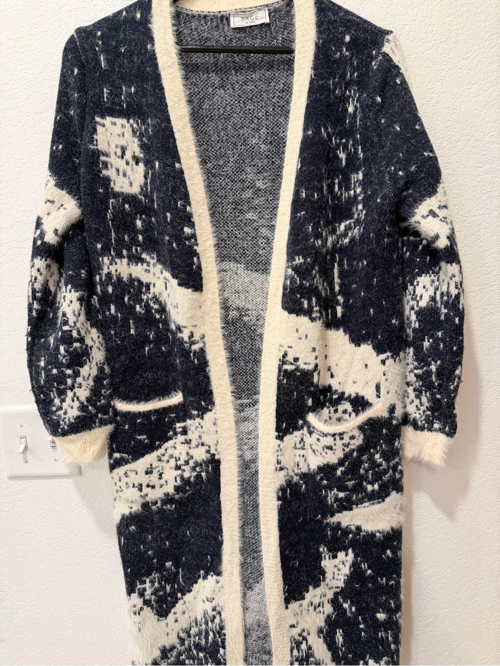 SAGE Navy and Cream Trim Oversized Knit Cardigan- size x-small